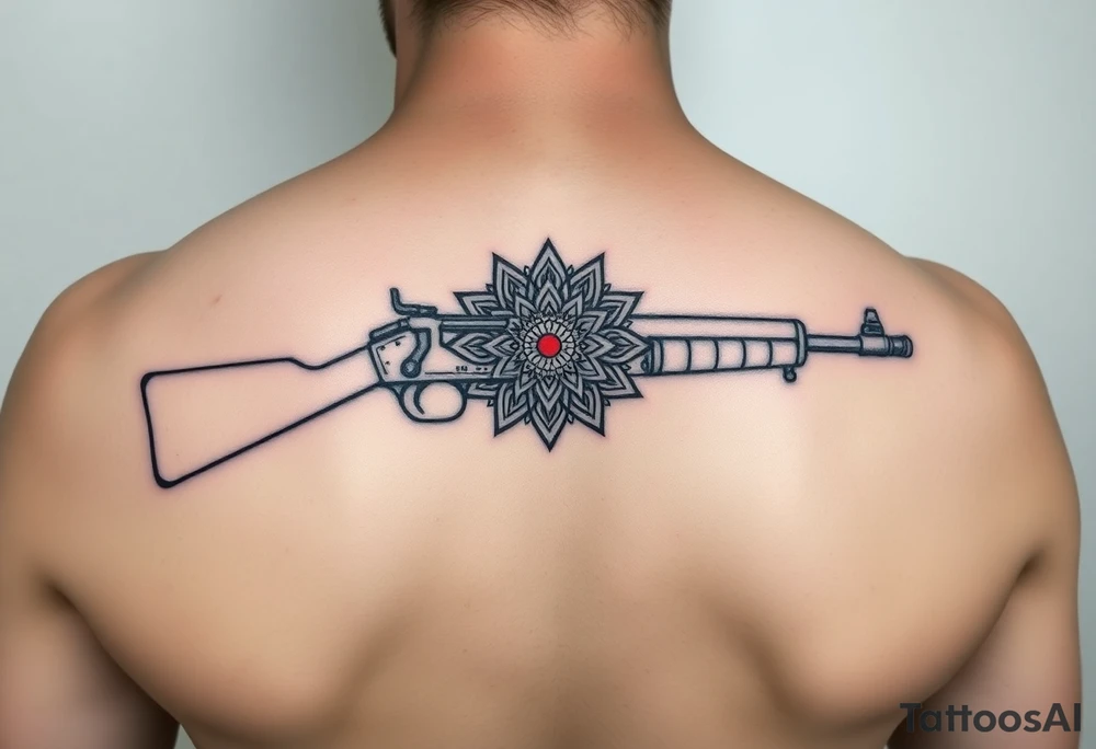 "Minimalist machine gun tattoo: Maxim 1910 outline flows into Tibetan mandala. Red dot sight is a tiny mirror. Black ink, geometric style, 10cm length. tattoo idea