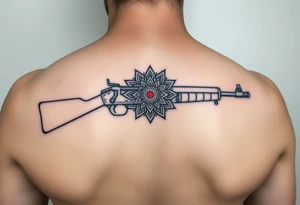 "Minimalist machine gun tattoo: Maxim 1910 outline flows into Tibetan mandala. Red dot sight is a tiny mirror. Black ink, geometric style, 10cm length. tattoo idea