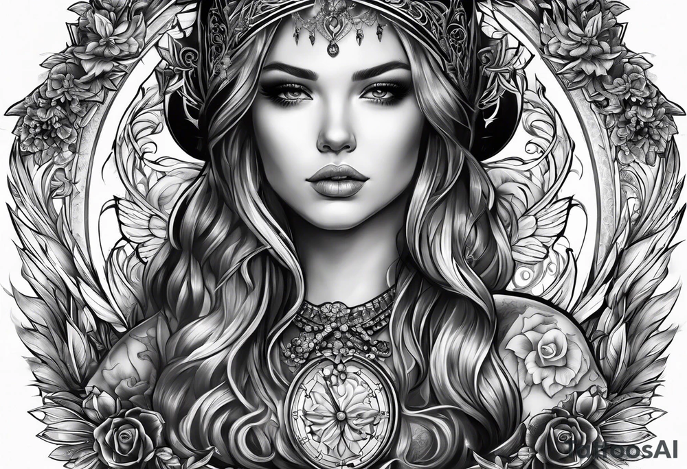 Tattooed portrait Angel with The name « Leah » is written in gothic letters. tattoo idea