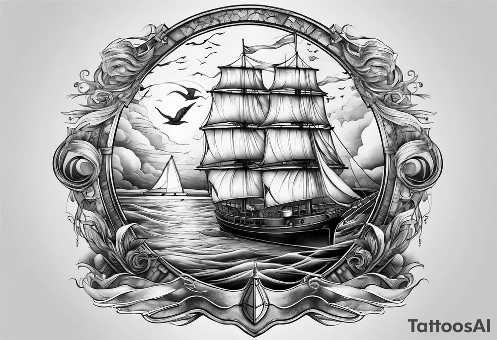 ghost marine lighthouse behind the bow of a sailboat. tattoo idea