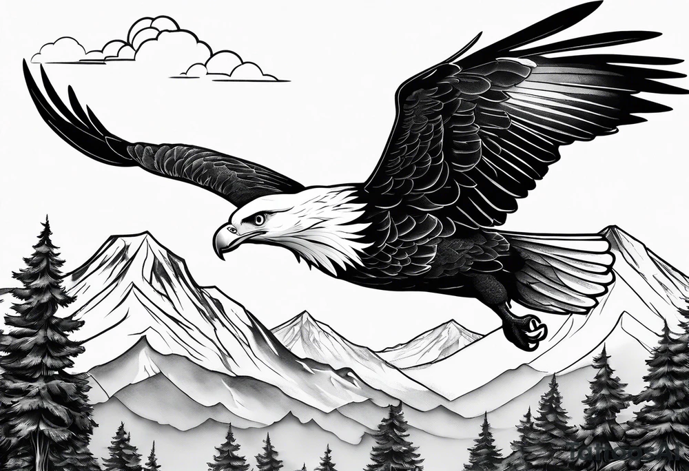Eagle and Dove flying together over a mountain with trees in the background tattoo idea