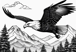 Eagle and Dove flying together over a mountain with trees in the background tattoo idea