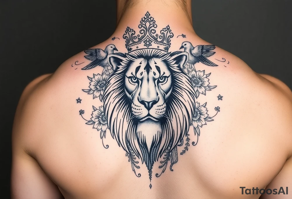 powerful majestic lion with a crown, surrounded by floral ornaments and birds tattoo idea