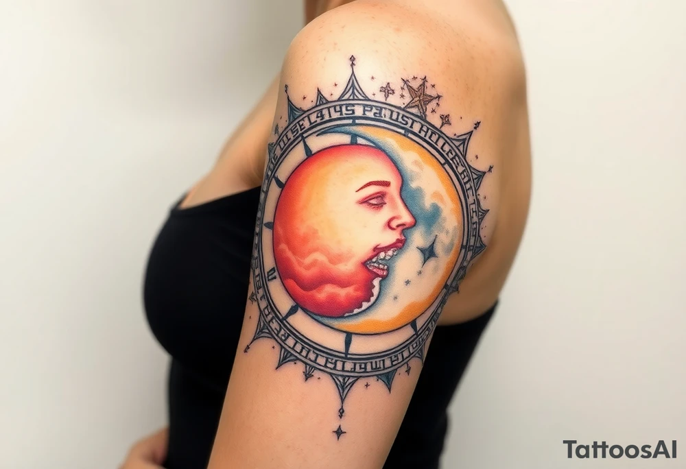 celestial sun and moon with constellation patterns runes in starry sky tattoo idea