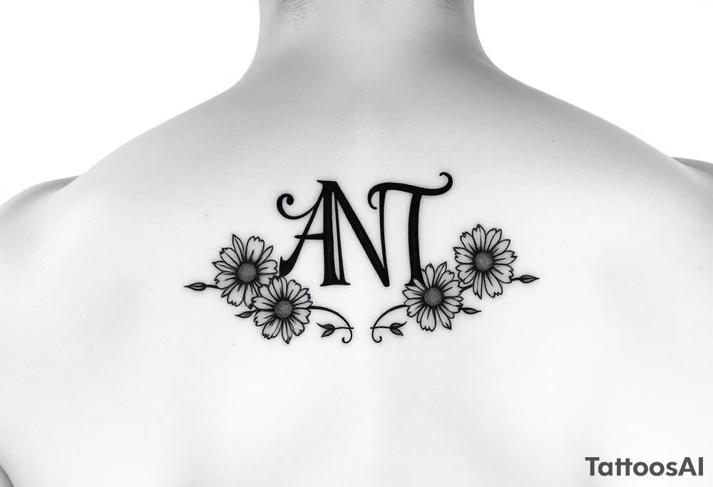 Fine line hidden monogram with A,N,T 
with daisies tattoo idea