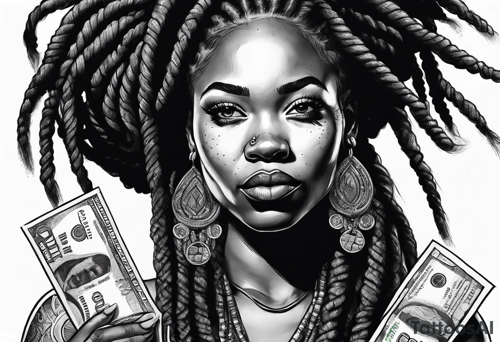 african woman with dreadlocks and money tattoo idea