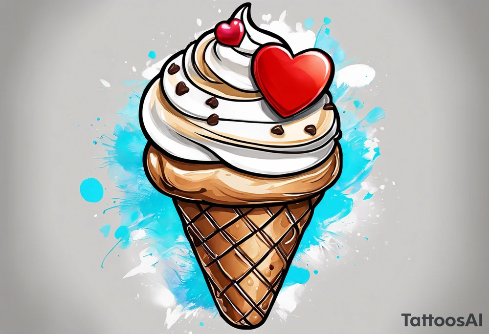 sketch chocolate chip ice cream cone with one red heart tattoo idea