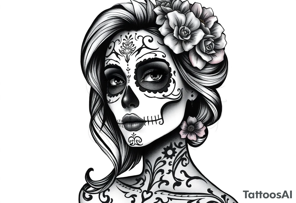 Beautiful woman sugar skull dark background tattoo idea