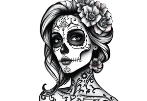 Beautiful woman sugar skull dark background tattoo idea