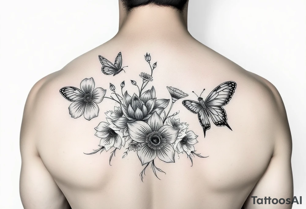 Flowers and birds and butterflies tattoo idea