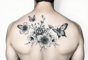 Flowers and birds and butterflies tattoo idea