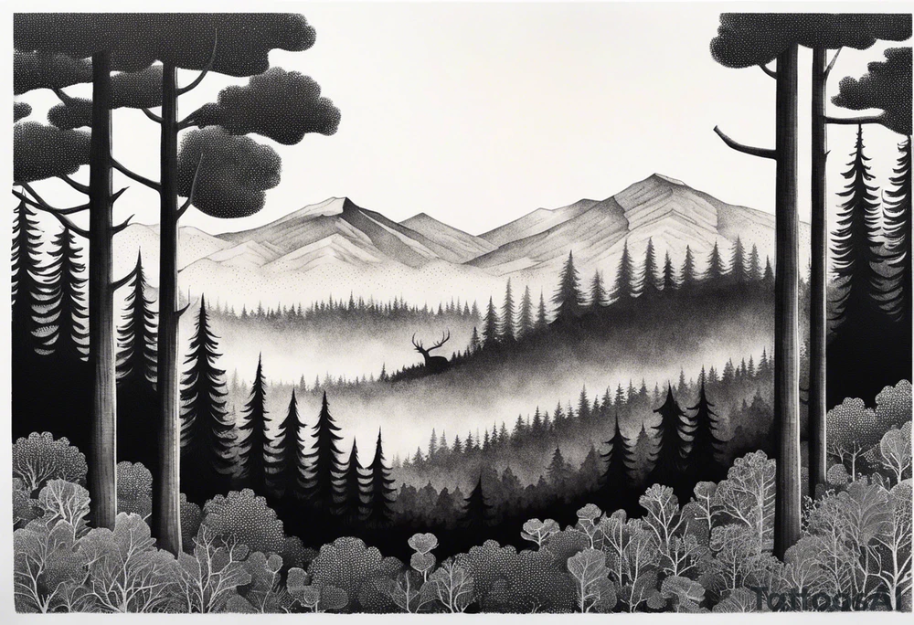 forest along the edges where there are fires below and in the distance with full trees tattoo idea