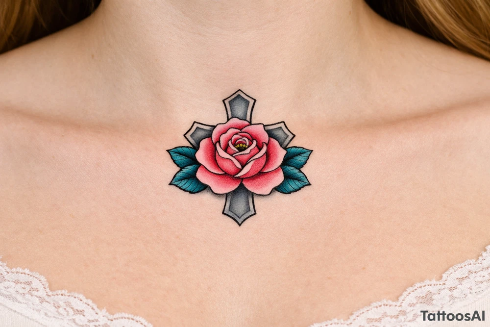 Pink rose , petrol leaves no stem, 
 cross behind it, cross is grey tattoo idea