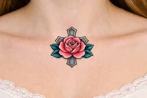 Pink rose , petrol leaves no stem, 
 cross behind it, cross is grey tattoo idea