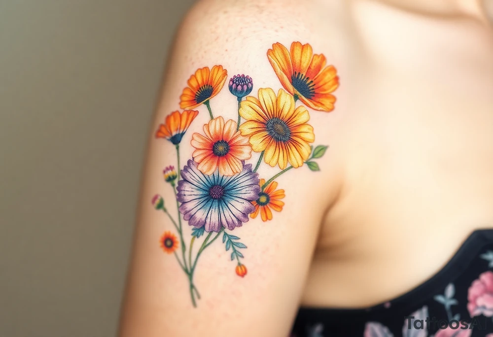 Create an image of an upper arm tattoo (from shoulder cap to just above the elbow) comprised of California poppies, California blackberries, gray’s lupine, marsh marigold, Indian paintbrush, one daisy, and an orange and orange blossom. More realistic and Use color tattoo idea