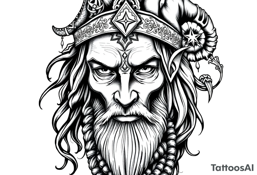long shaman and witch style mytical with ancient rhyme tattoo idea