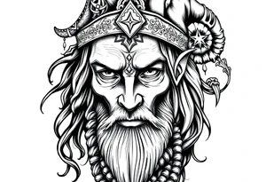 long shaman and witch  style mytical with ancient rhyme tattoo idea
