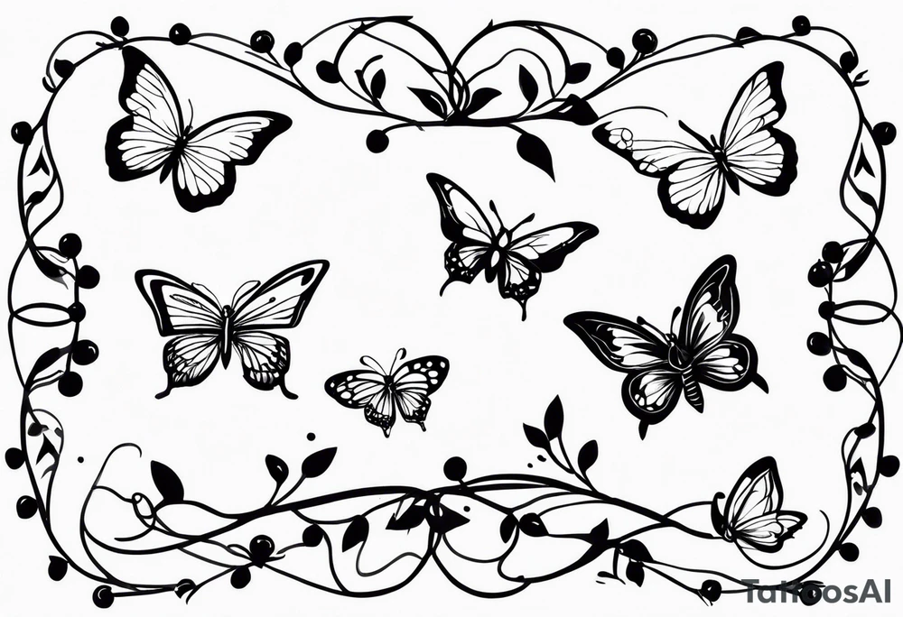 vine with the birth flowers of february, july, oct , may ,december , and september and three butterflies tattoo idea
