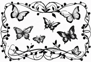 vine with the birth flowers of february, july, oct , may ,december , and september and three butterflies tattoo idea