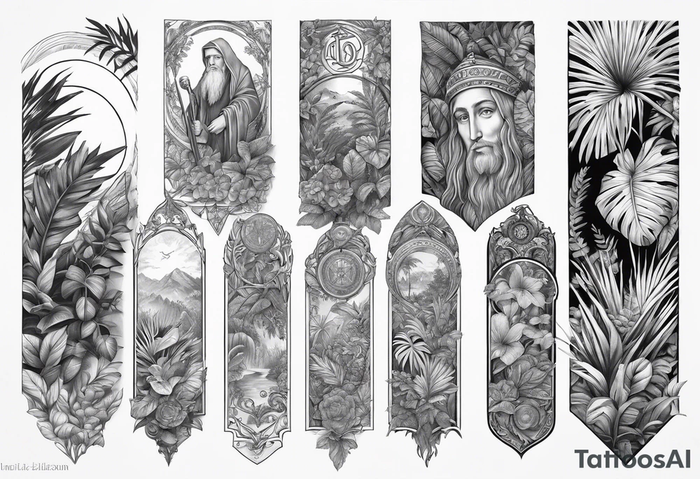 full arm sleeve tattoo with St. Benedict Medal surrounded by jungle plants tattoo idea