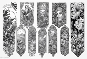 full arm sleeve tattoo with St. Benedict Medal surrounded by jungle plants tattoo idea