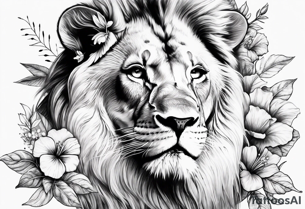 Women lion with hibiscus flowers something inspirational and meaning tattoo idea