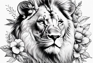 Women lion with hibiscus flowers something inspirational and meaning tattoo idea