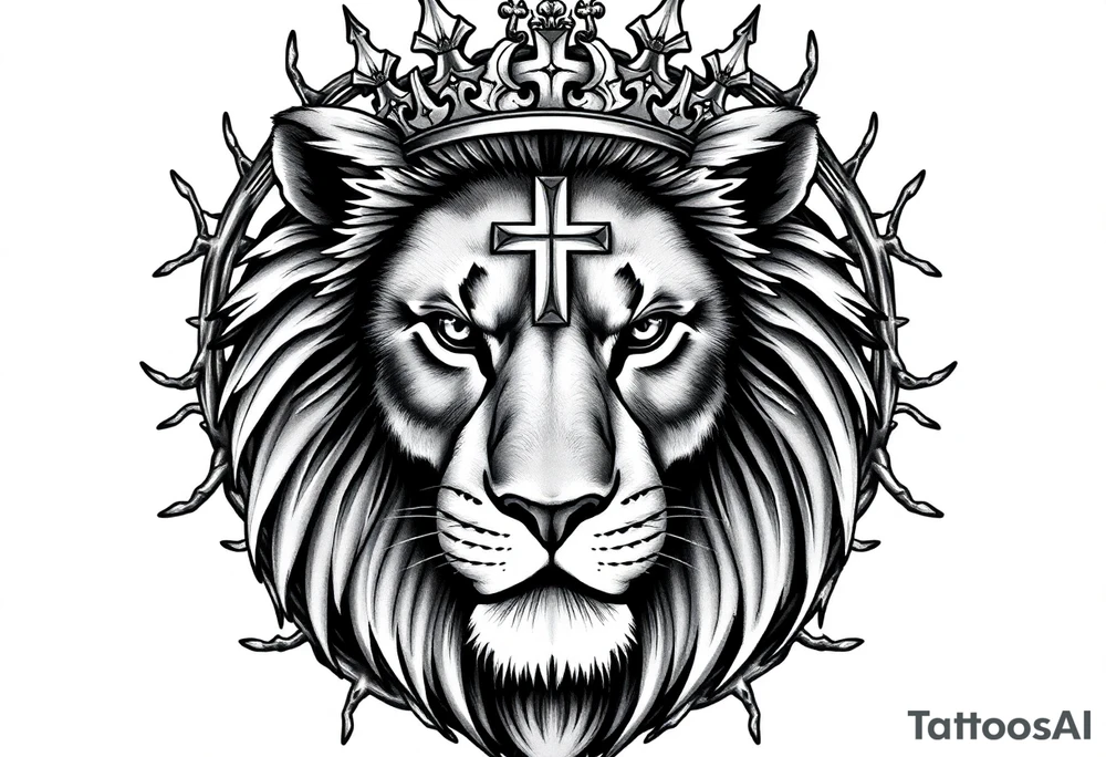 Powerful majestic lion facing forward, intense gaze, wearing a royal crown, ultra-detailed black and grey realism tattoo style.
Ornamental thorn designs wrapping around and framing the lion, symmetrical and elegant.
A Christian cross in the background, centered and vertical, partially hidden behind the lion’s head and mane, only the edges and tips of the cross visible.
High contrast, clean linework, fine shading, tattoo-ready design, masculine, regal, spiritual symbolism, chest/back tattoo composition, no color, no text. tattoo idea