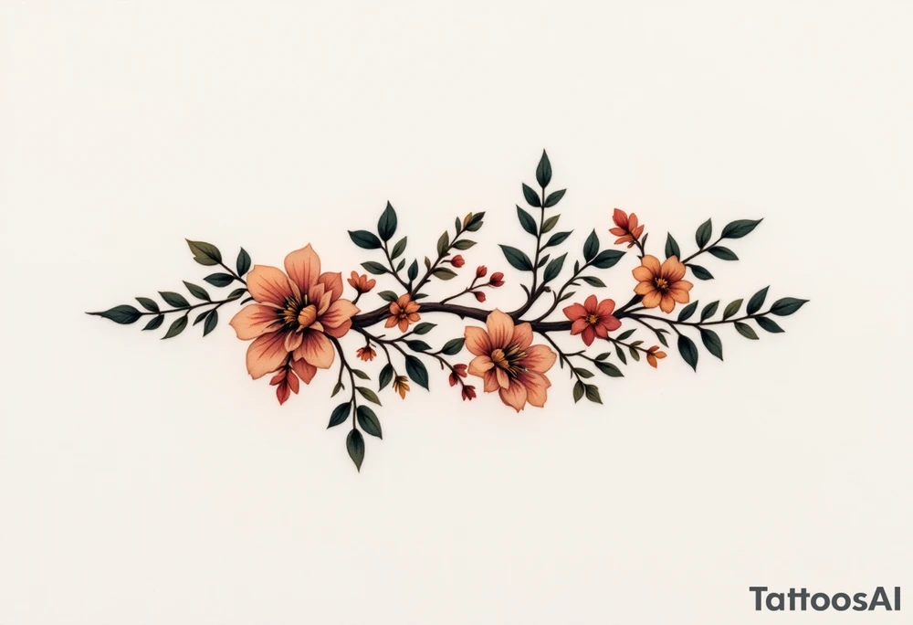 Two separate collarbone tattoos of long, stems and branches covered with red, orange, yellow and dark forest green leaves and flowers, academia, witchy, muted, delicate and gentle but moody, long and thin, following the collarbone. More muted, not so bright, darker colors tattoo idea