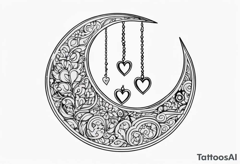 Crescent moon with hearts dangling from the bottom of it tattoo idea