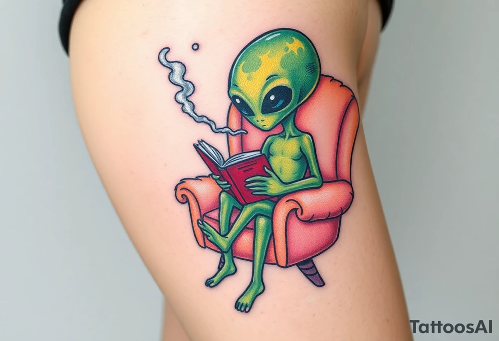 Alien reading a book while smoking and sitting in a fluffy chair tattoo idea