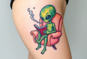 Alien reading a book while smoking and sitting in a fluffy chair tattoo idea