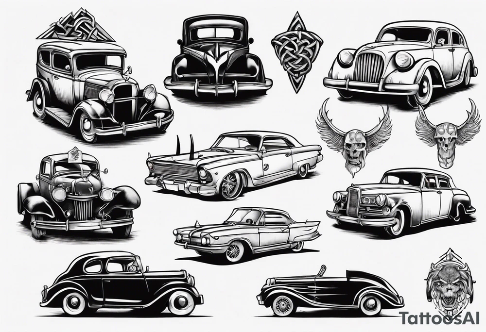 A Viking building an old vintage car tattoo idea