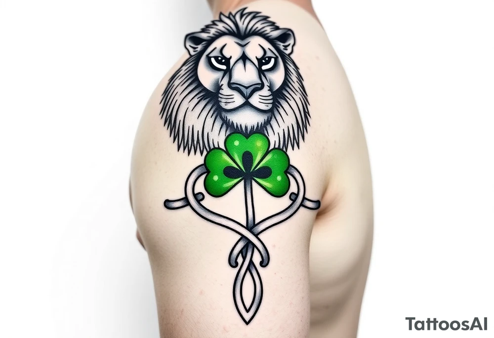 Show on a man's arm. Create a men's half-sleeve tattoo featuring a mighty, majestic face-forward lion at the top of the shoulder. Extend the bottom of the lion's mane to create open and shaded Celtic knots that travel down the arm, incorporating a ribbon twist. At the twist, make a Celtic shamrock with green peridot jewel petals and an organic stem. Continue the knots to intersect with a Celtic warrior armband that wraps the arm just above the elbow. tattoo idea