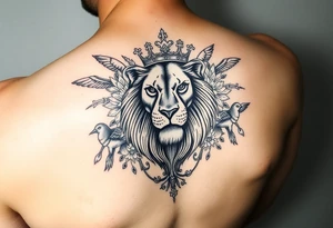 powerful majestic lion with a crown, surrounded by floral ornaments and birds tattoo idea