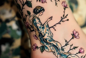 Alfons Mucha’s seasonal spirit in flowing pastel robes, surrounded by blooming magnolias and muted earth tones. tattoo idea