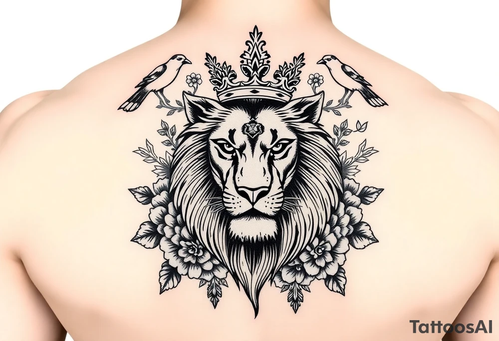 powerful majestic lion with a crown, surrounded by floral ornaments and birds tattoo idea