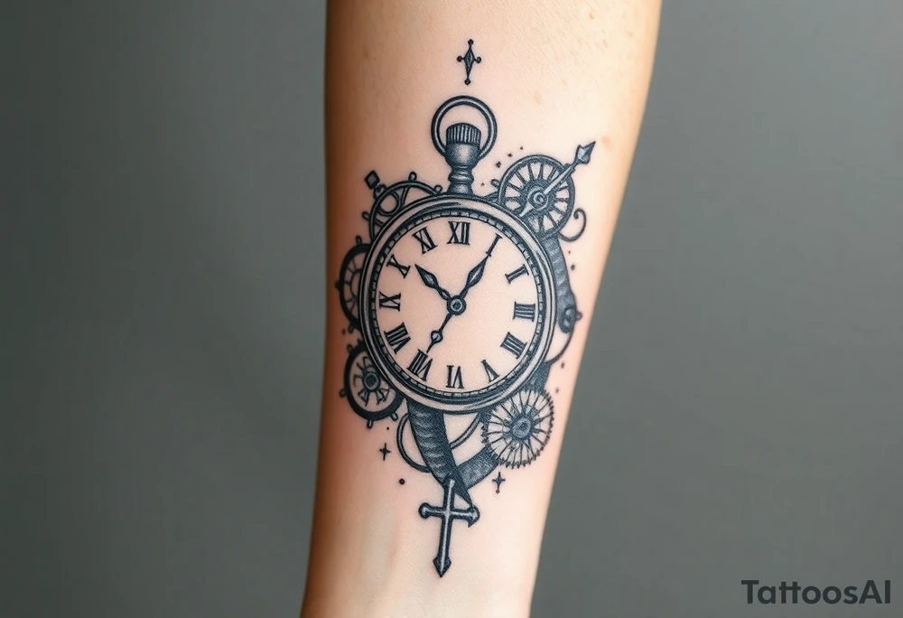 A meaningful tattoo for a 55-year-old man that embodies the themes of fatherhood, time, and integrity. Central to the design is a timepiece (such as a classic pocket watch, sundial, or hourglass) symbolizing his commitment to valuing and managing time despite challenges with focus due to ADD. The design incorporates subtle elements that celebrate his role as a father—perhaps small, meaningful symbols like initials, a family tree, or a compass pointing towards "home" to represent his children. Integrate dynamic elements like flowing sand, gears, or a ribbon of time to capture the feeling of focus and perseverance. The overall style can range from intricate realism to a more abstract or geometric design, depending on his preference.  Add a cross to represent his faith.  for a forearm tattoo idea