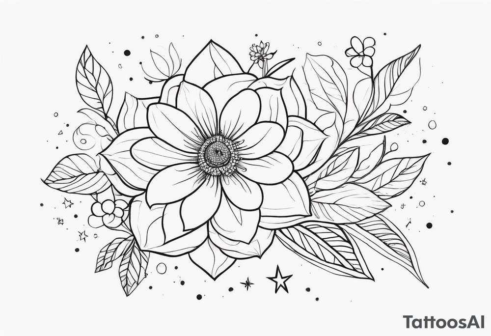 fine line floral with stars, swirls, dots tattoo idea