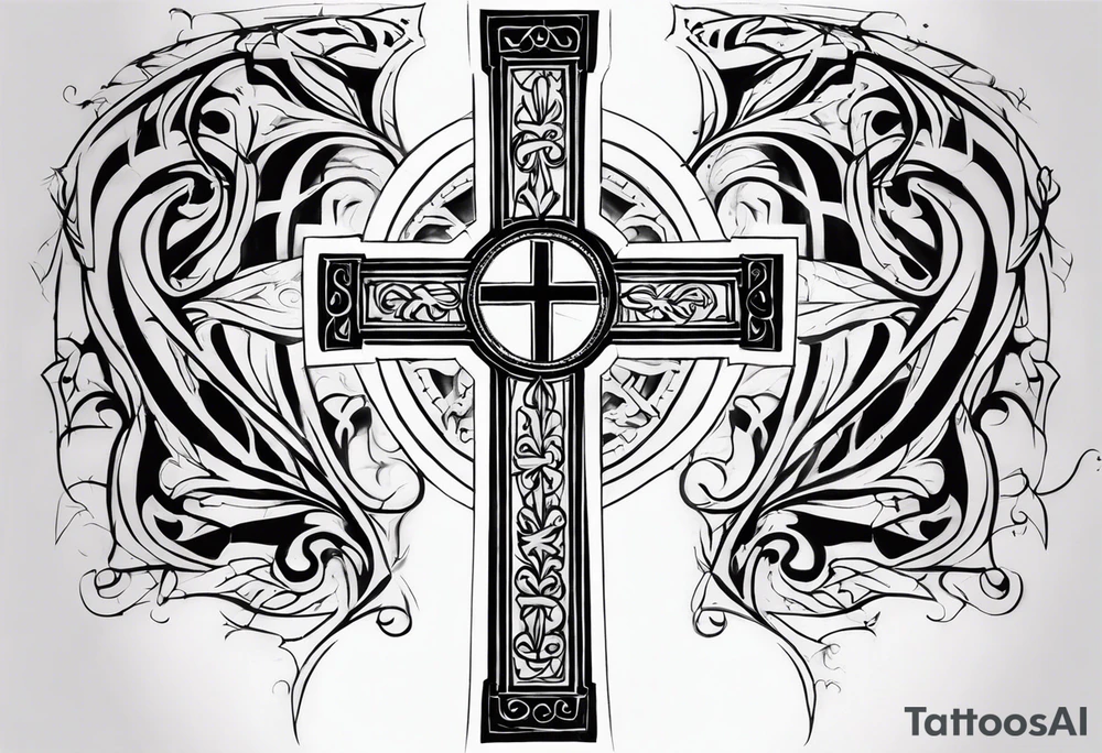 tattered cross with the word Endure going through the top of the cross and Roman's 5:3-5 going down the side tattoo idea