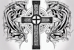 tattered cross with the word Endure going through the top of the cross and Roman's 5:3-5 going down the side tattoo idea