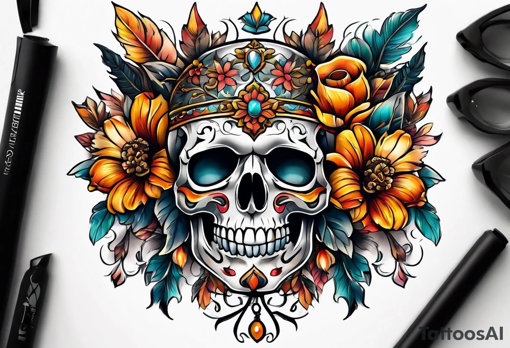 Knee tattoo with skulls, flower shapes and fall colors tattoo idea