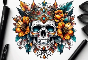 Knee tattoo with skulls, flower shapes and fall colors tattoo idea