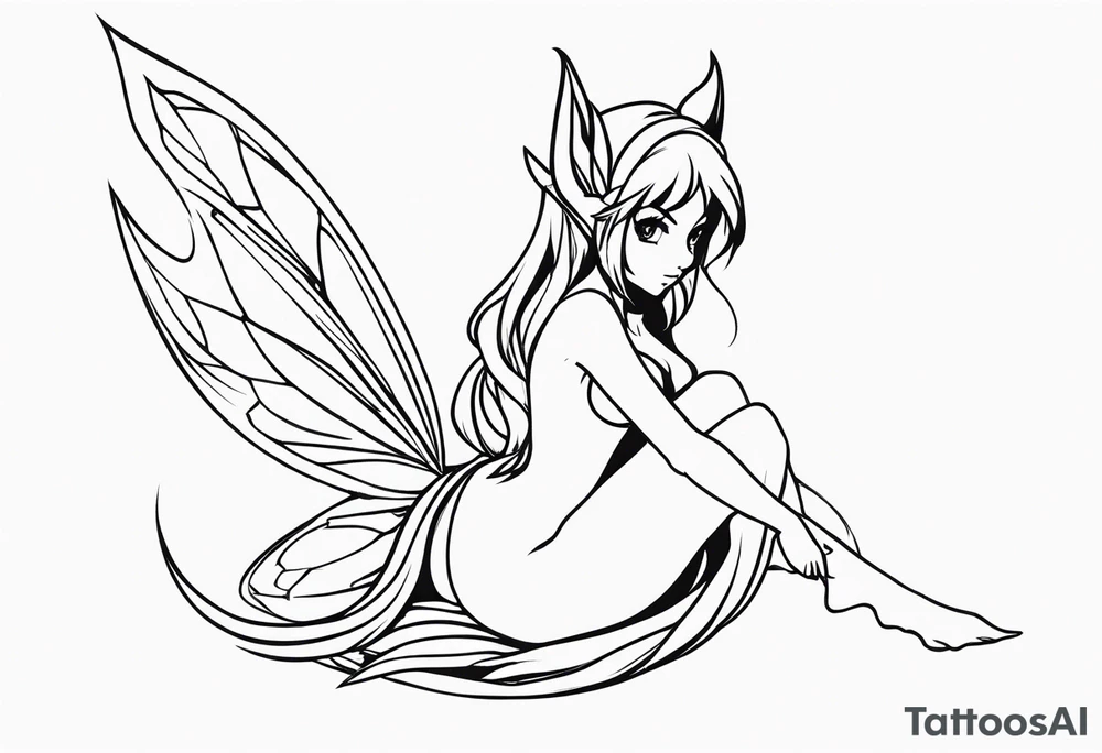 No color sketch of a fairy with a tail inspired by the guild symbol in the anime show called Fairy Tail in a fetal position leaning in and forward while crawled in tattoo idea