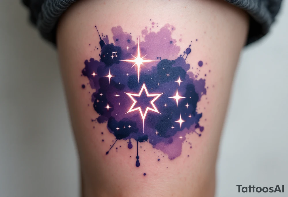 Stars of the Capricorn constellation glowing in white ink over a watercolor patch of purple and navy. tattoo idea