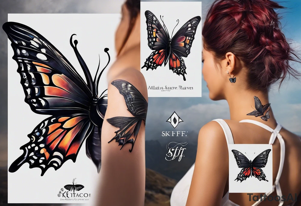 A butterfly flies. Below the butterfly, a raven flies.
The butterfly and the raven are the same size
In the background is the name Malia.
In the background is the name SKF.
The number 89 can be seen in the background.
There is also a scorpion in the wing of the butterfly.
This tattoo is black and white and on the arm. tattoo idea