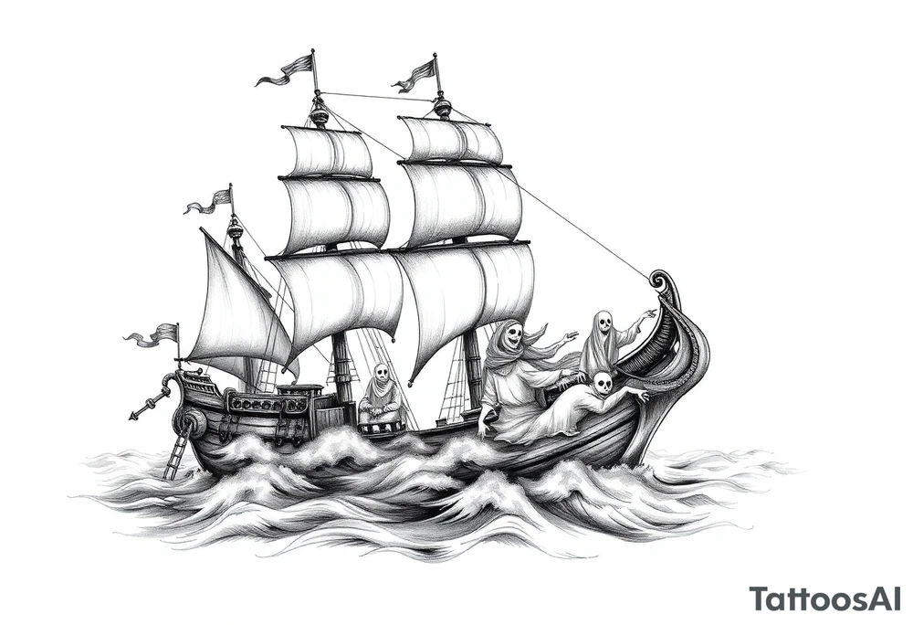 pirat-ship with ghosts surrounded by fog on sea. tattoo idea