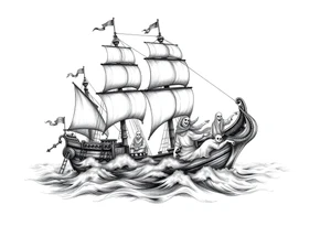 pirat-ship with ghosts surrounded by fog on sea. tattoo idea