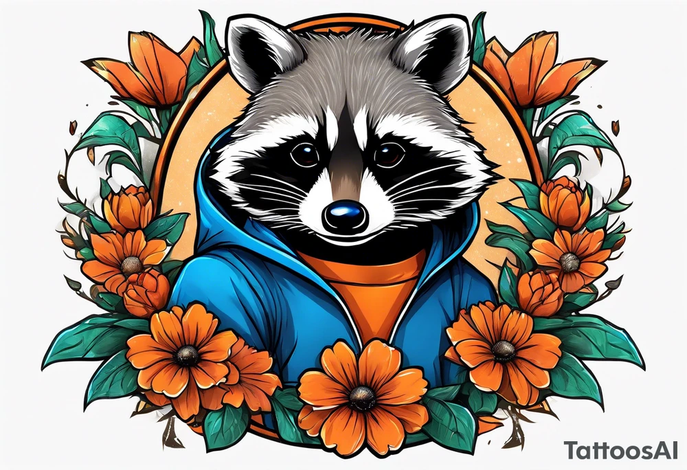 raccoon wearing a Superman hoodie with orange flowers tattoo idea