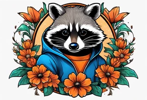raccoon wearing a Superman hoodie with orange flowers tattoo idea